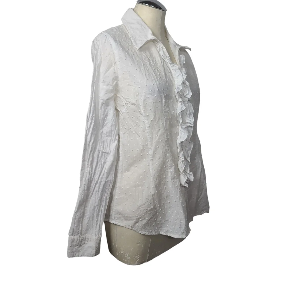 BCBGMAXAZRIA White Swiss Dot Ruffle Long Sleeve Button Down Blouse L - Picture 4 of 8